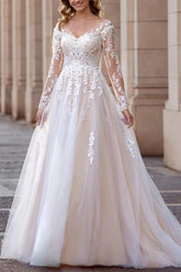 Long Sleeves Sweetheart Lace Ball Gown Wedding Dress-27dress